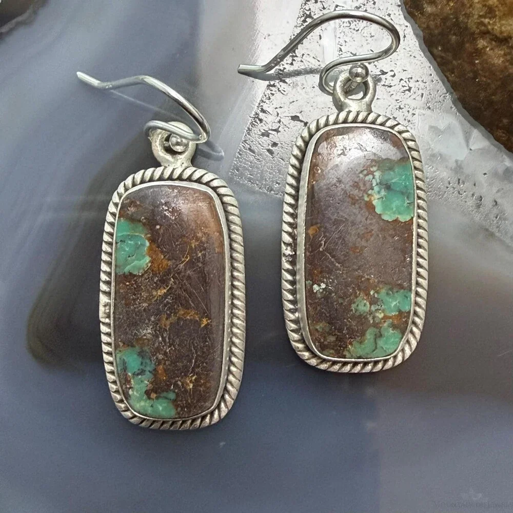 Sterling Silver Southwestern Style Rectangle Royston Turquoise Dangle Earrings